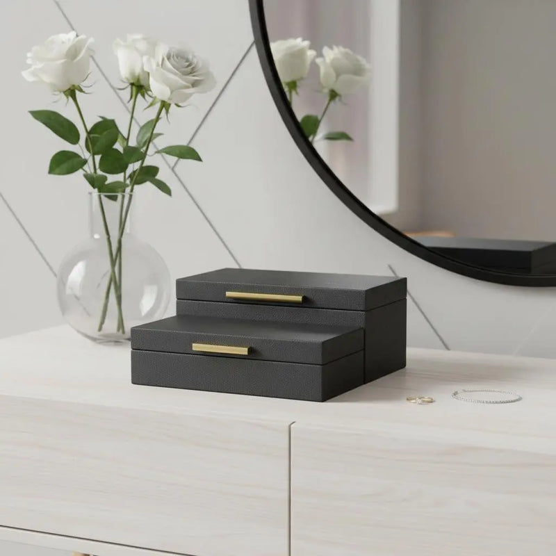 12" Set Of Two Black Solid Wood Jewelry Box With Decorative Hardware Homeroots Organization