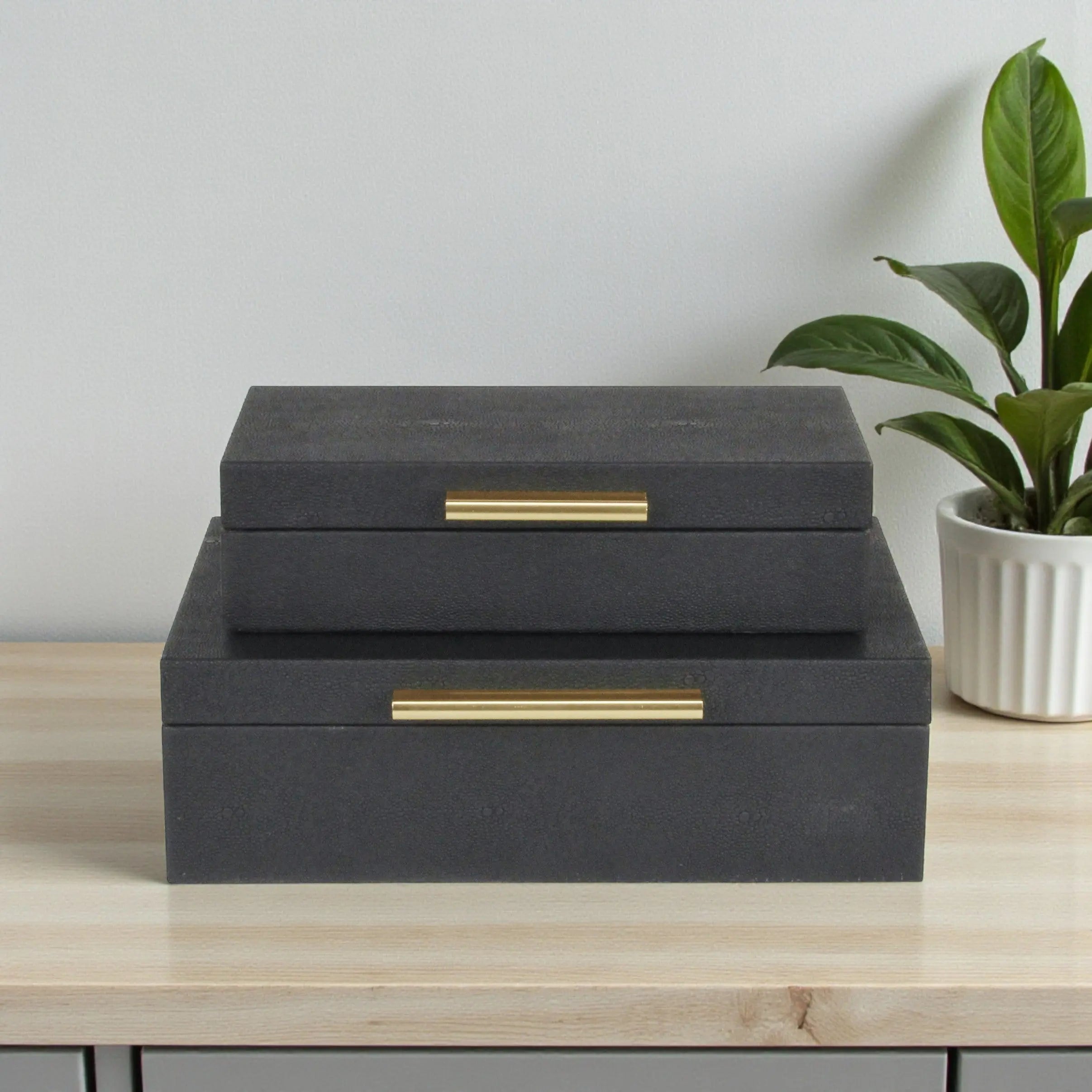 12" Set Of Two Black Solid Wood Jewelry Box With Decorative Hardware Homeroots Organization
