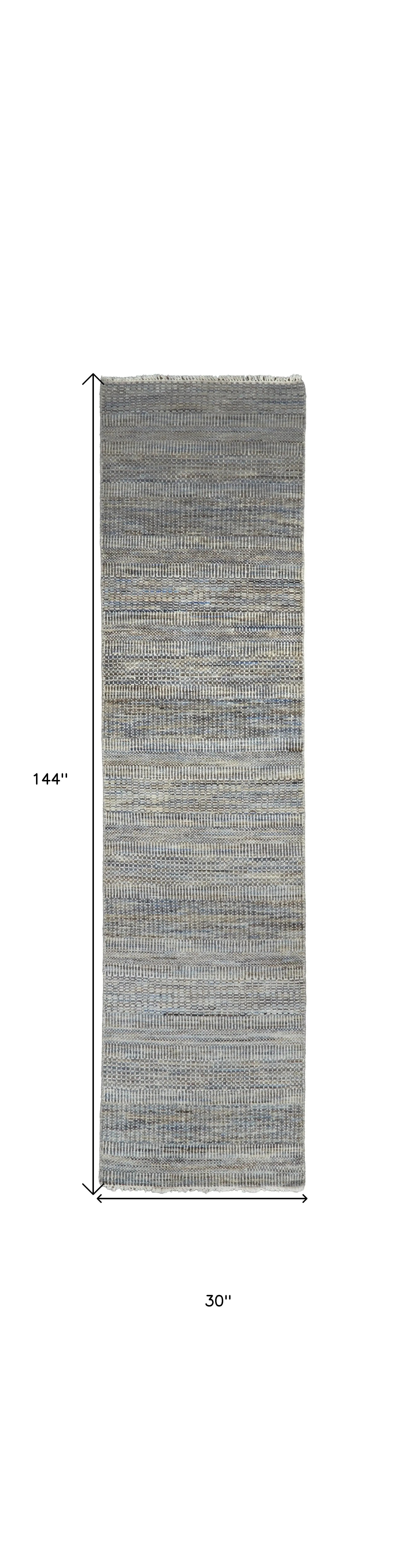 12' Silver And Brown Wool Striped Shag Hand Knotted Runner Rug Homeroots Home Decor