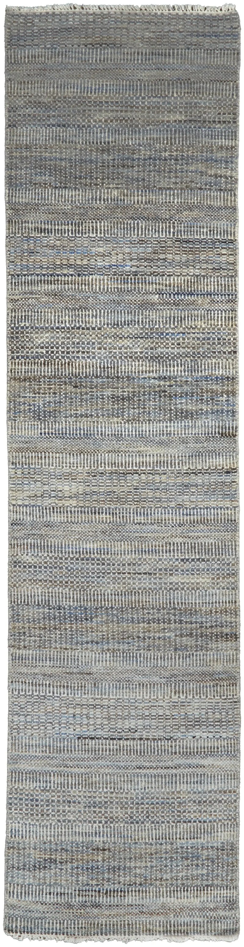 12' Silver And Brown Wool Striped Shag Hand Knotted Runner Rug Homeroots Home Decor