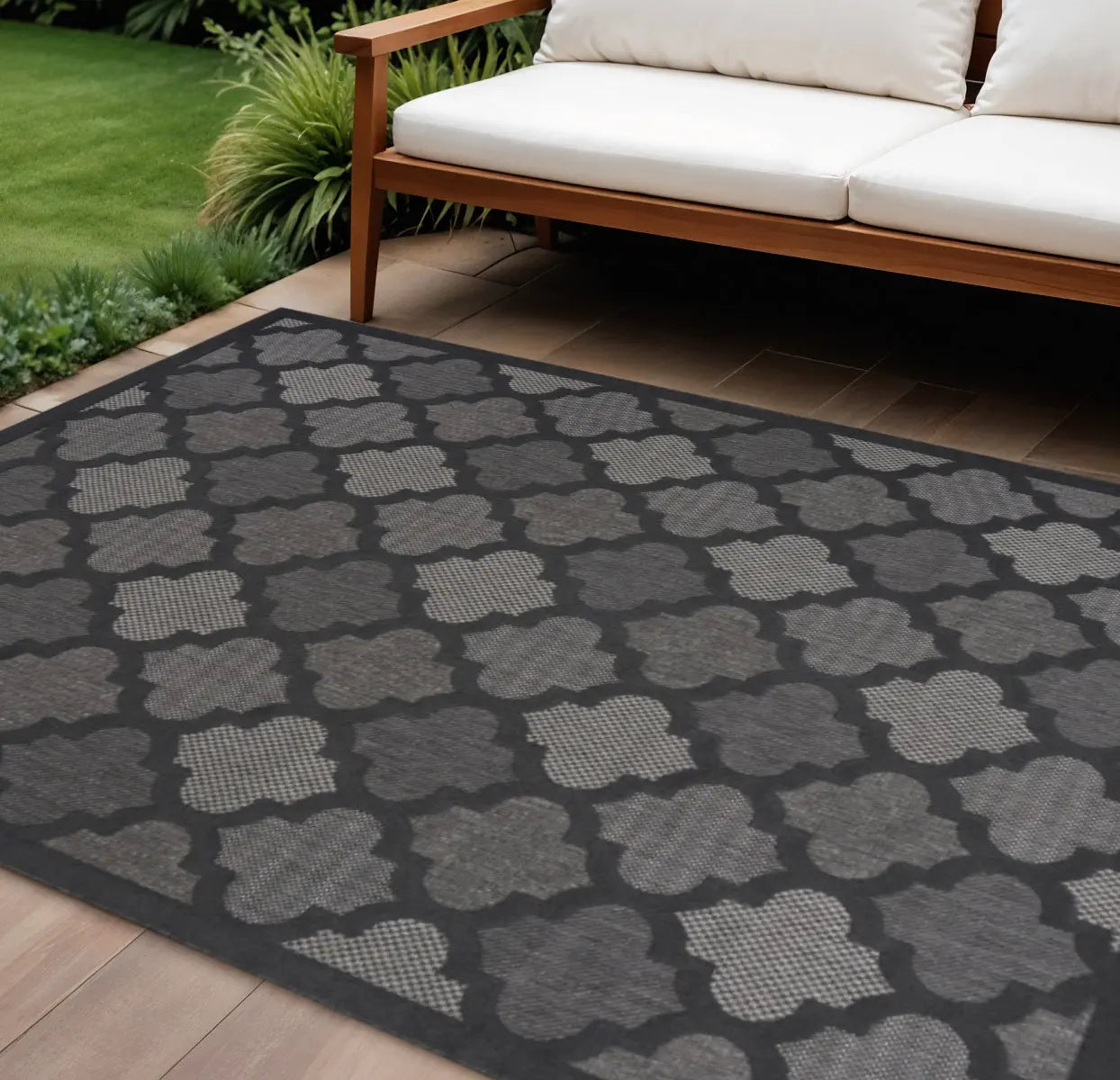 12' X 15' Charcoal And Black Trellis Indoor Outdoor Area Rug Homeroots Outdoor