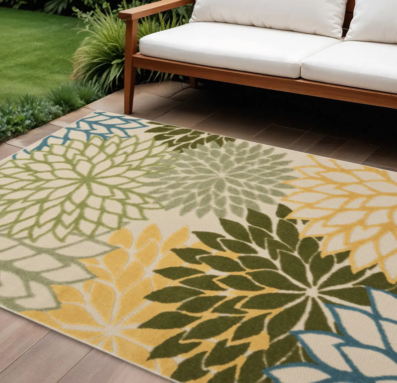 12' X 15' Green Blue Yellow And Dark Green Floral Indoor Outdoor Area Rug Homeroots Outdoor