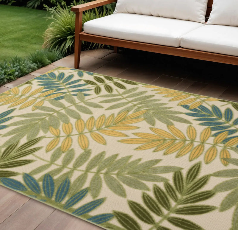12' X 15' Green Blue Yellow And Dark Green Palm Leaf Indoor Outdoor Area Rug Homeroots Outdoor