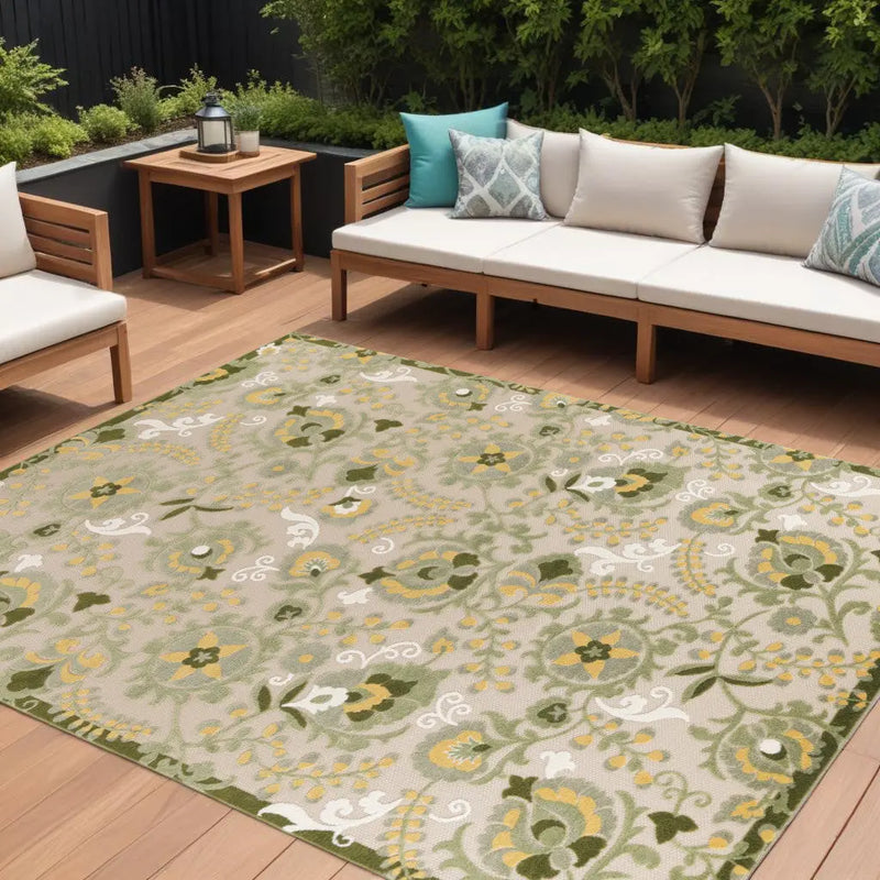 12' X 15' Ivory Green And Yellow Floral Indoor Outdoor Area Rug Homeroots Outdoor