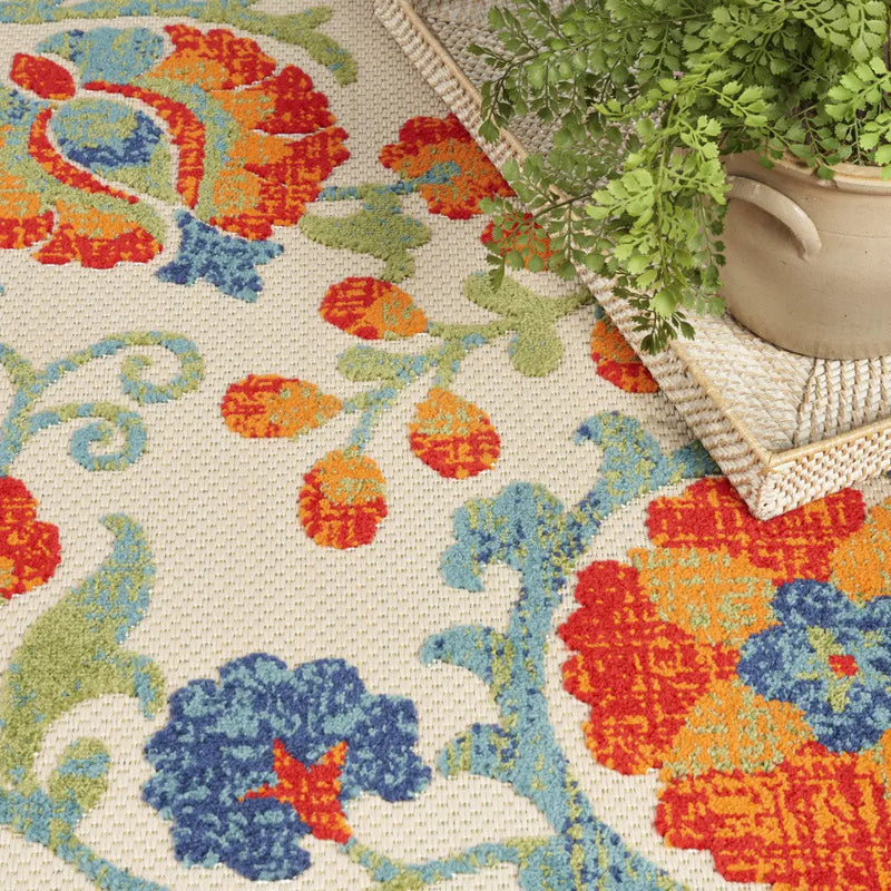 12' X 15' Ivory Green Orange Blue And Red Floral Indoor Outdoor Area Rug Homeroots Outdoor