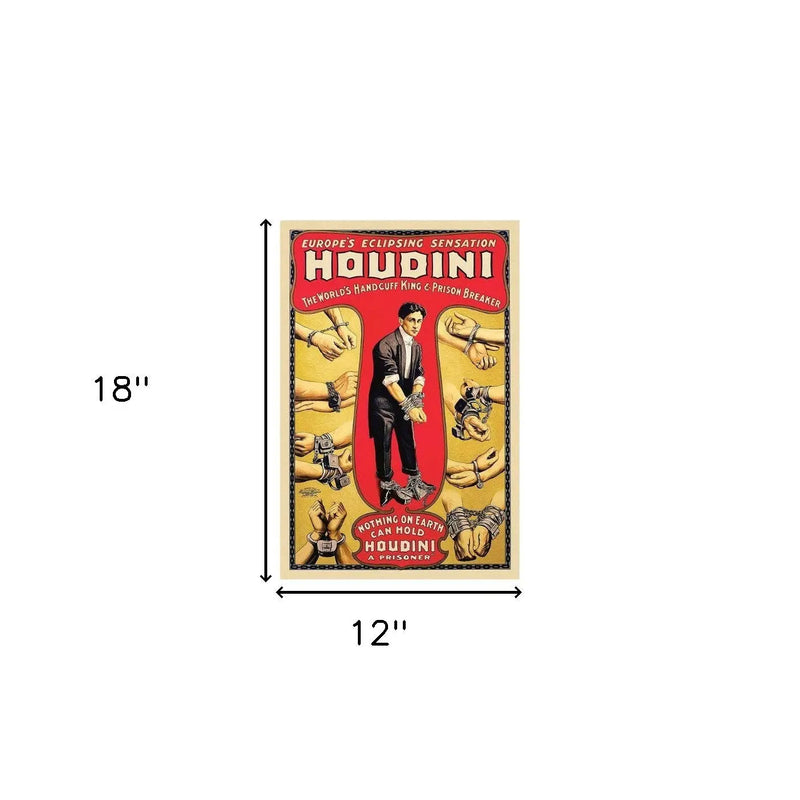12" X 18" Houdini Handcuff King Vintage Magic Poster Wall Art Homeroots Home Decor