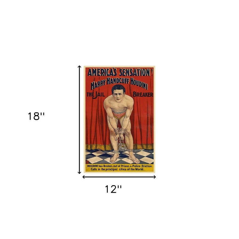 12" X 18" Houdini In Handcuffs Vintage Magic Poster Wall Art Homeroots Home Decor
