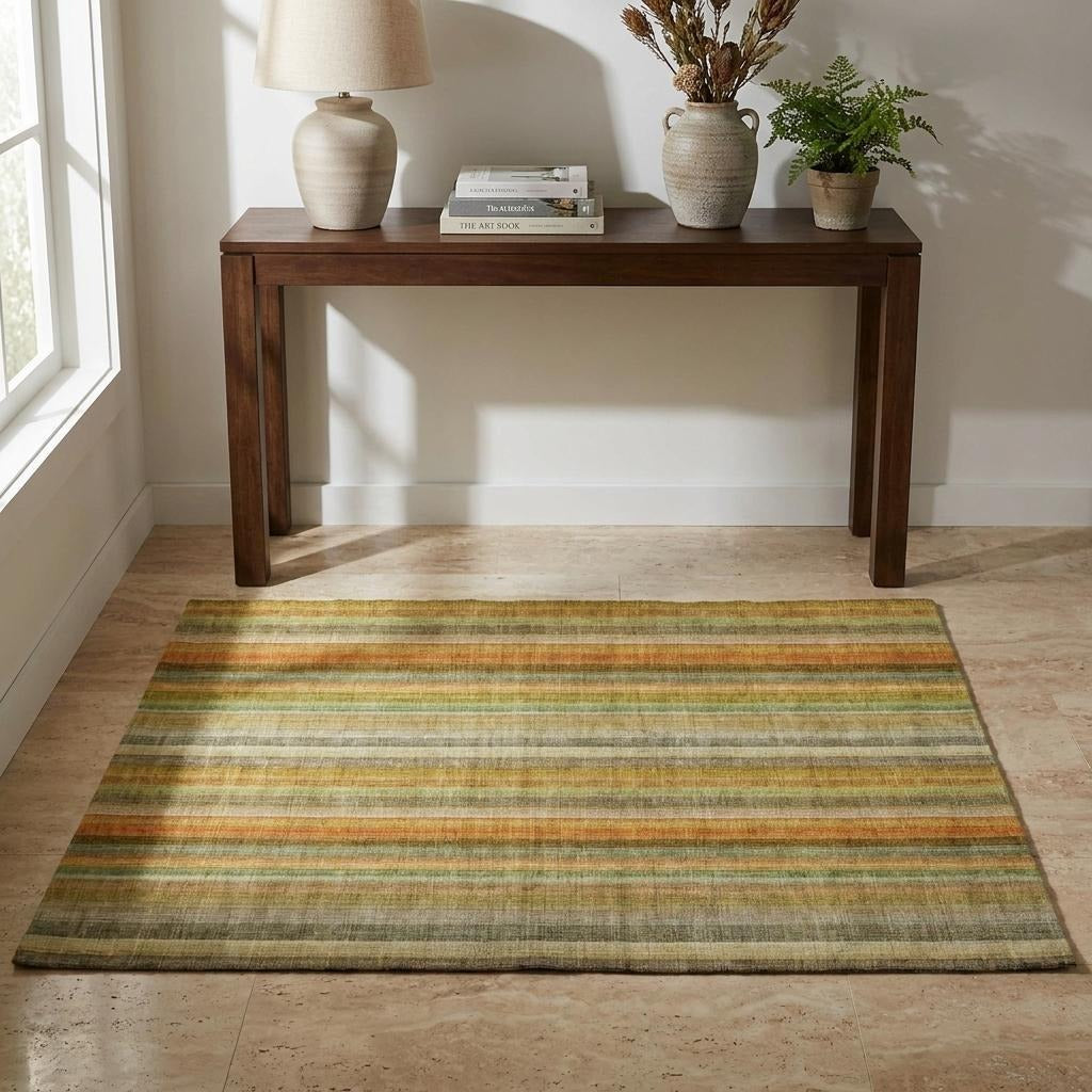 3' X 5' Khaki And Gold Striped Shag Washable Area Rug With UV Protection - Home & Garden