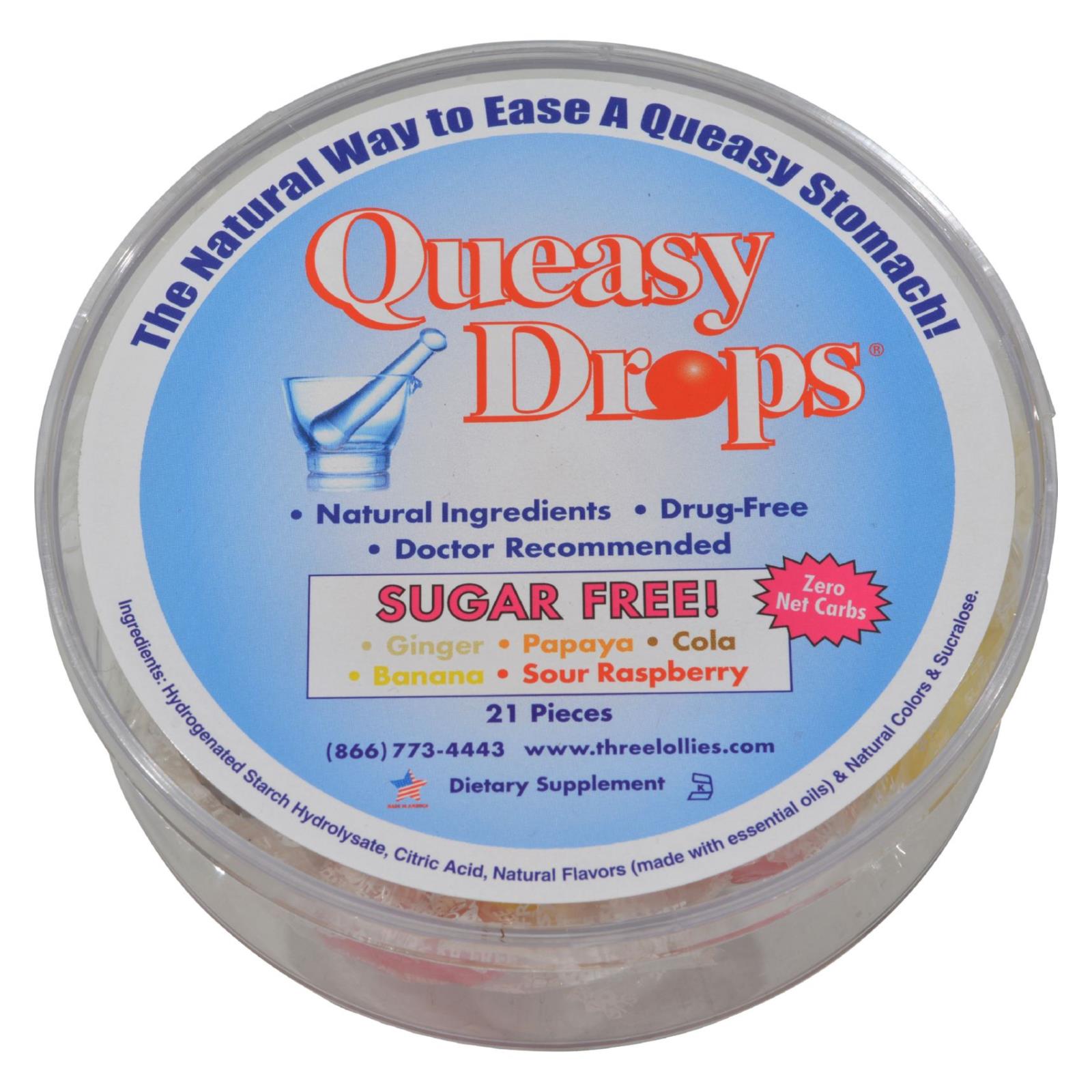 Three Lollies Queasy Drops Ginger Papaya Cola Banana Sour Raspberry - 21 Pieces - GreatEagleInc
