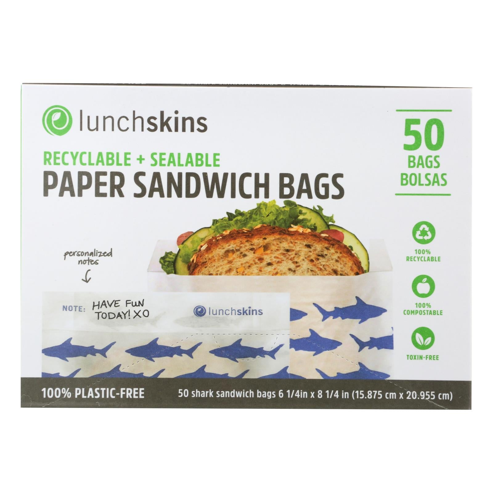 Lunchskins - Recyclable And Sealable Paper Sandwich Bags - Shark - Case Of 12 - 50 Count - GreatEagleInc