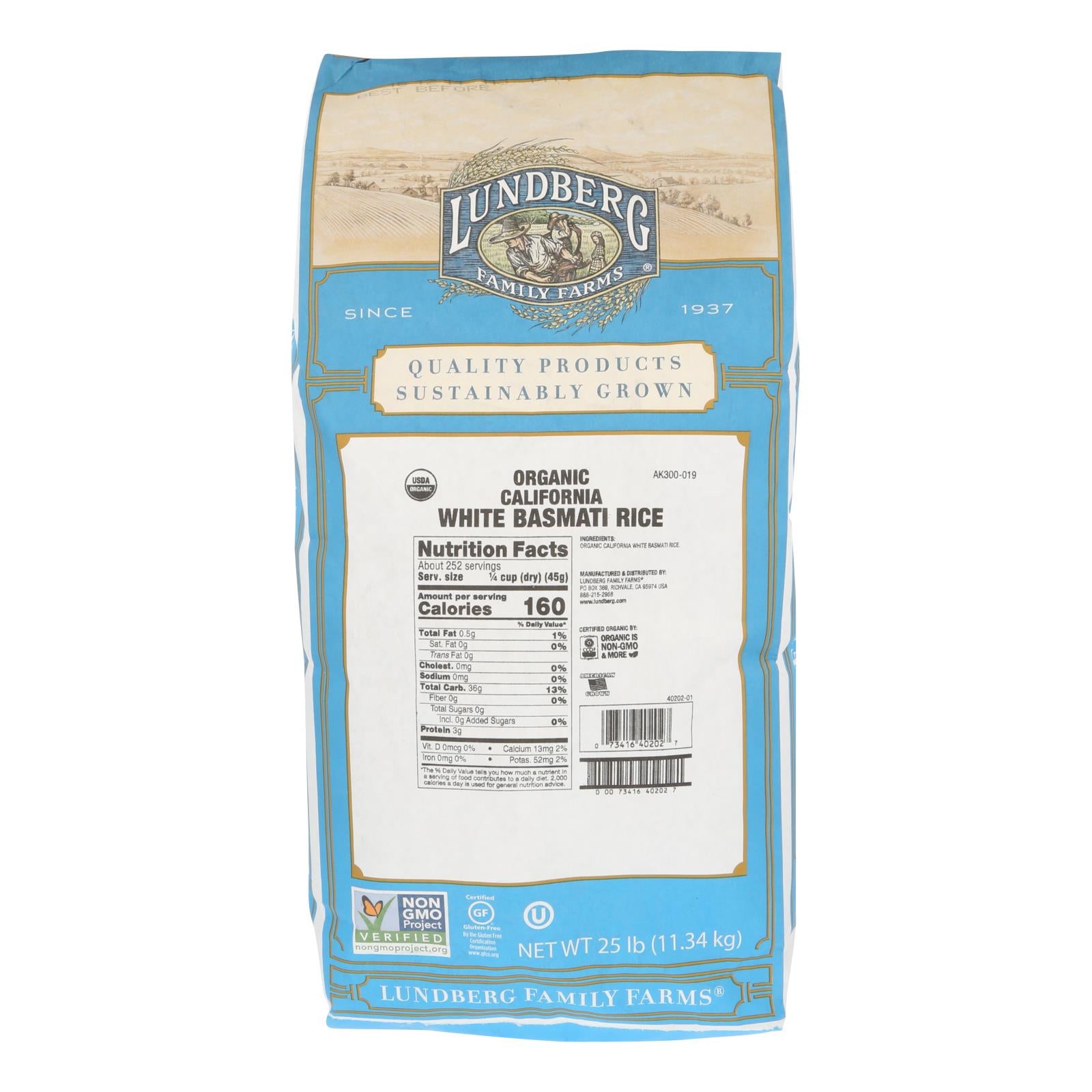 Lundberg Family Farms Organic California White Basmati Rice - Case Of 25 Lbs - GreatEagleInc