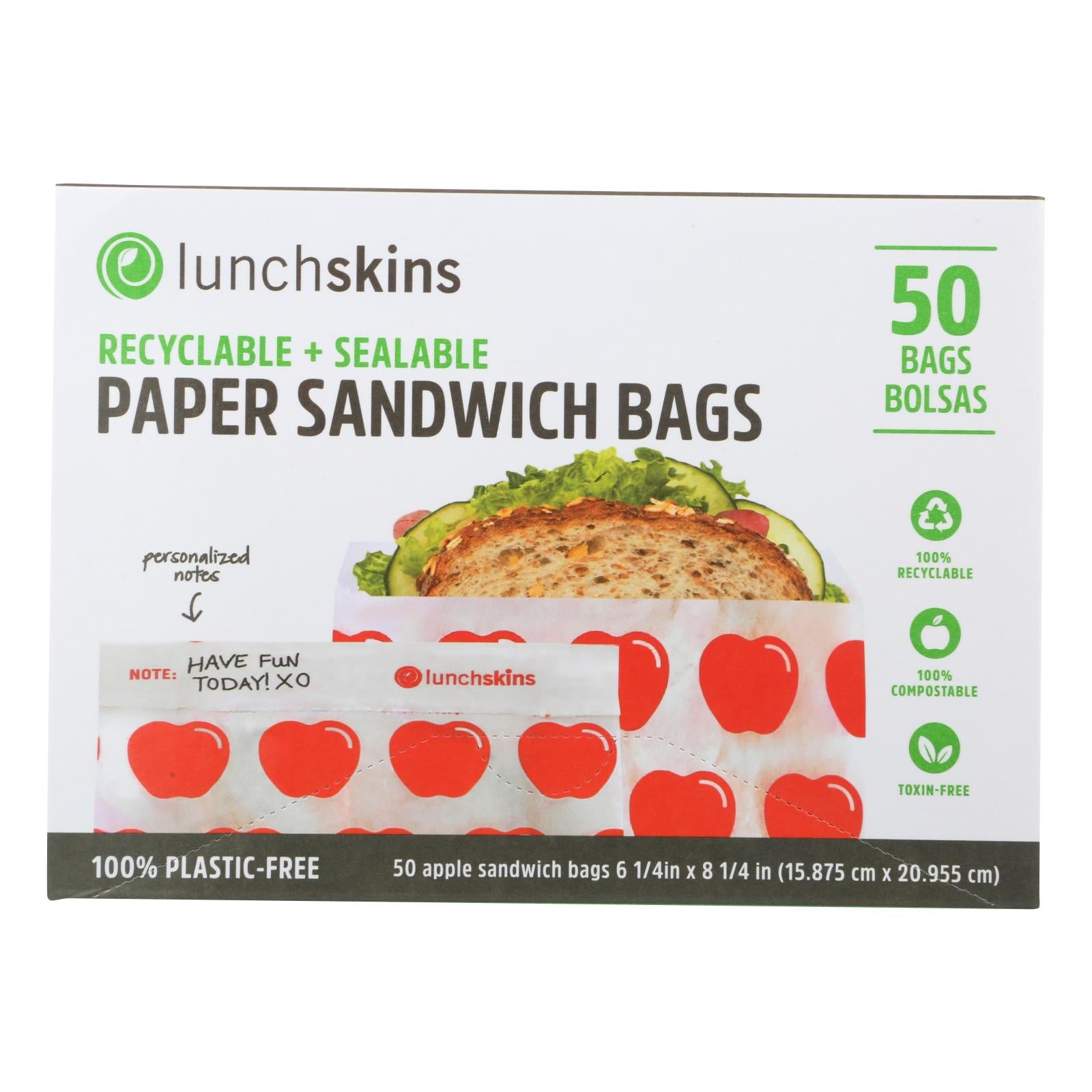 Lunchskins - Recyclable And Sealable Paper Sandwich Bags - Red Apple - Case Of 12 - 50 Count - GreatEagleInc