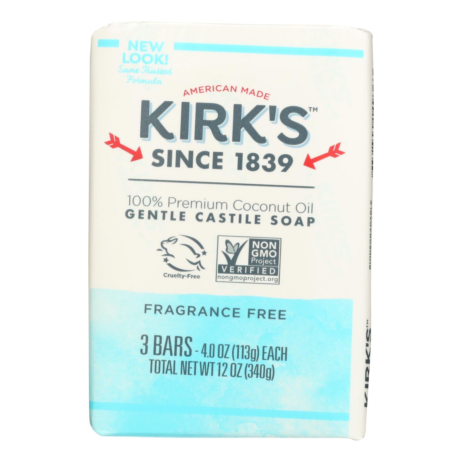 Kirk's Natural Soap Bar - Coco Castile - Fragrance Free - 3 Count - 4 Oz - GreatEagleInc