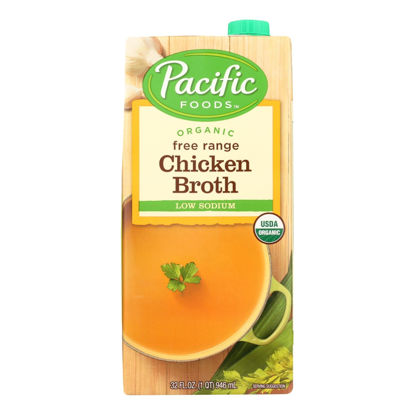 Pacific Natural Foods Free Range Chicken Broth - Low Sodium - Case Of 12 - 32 Fl Oz. - GreatEagleInc