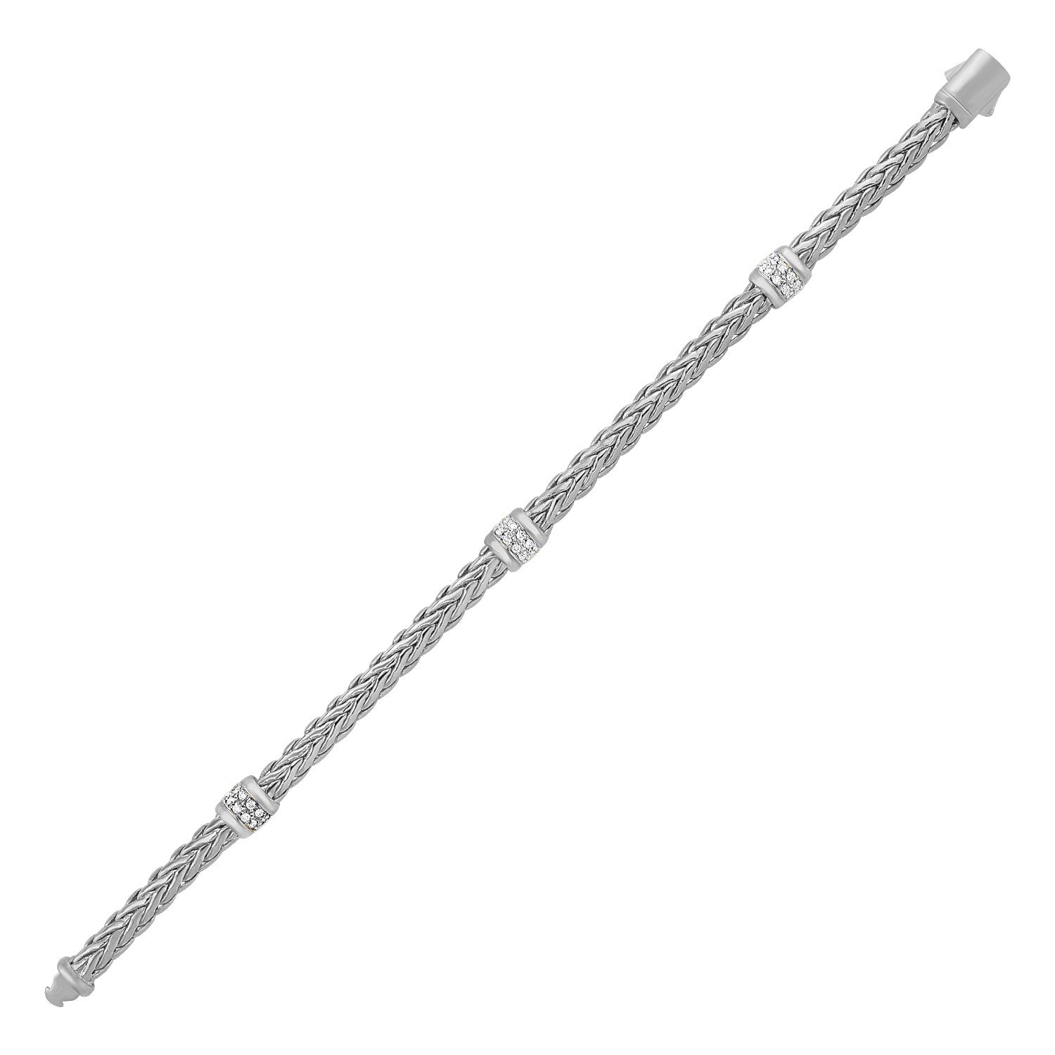 Polished Woven Rope Bracelet with Diamond Accents in 14k White Gold - 7.5" - Apparel & Accessories