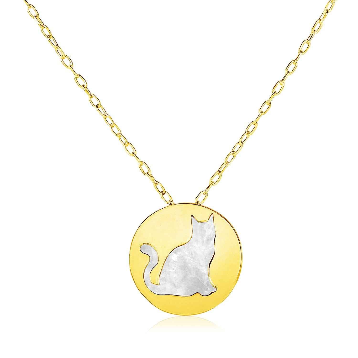 14k Yellow Gold Necklace with Cat Symbol in Mother of Pearl