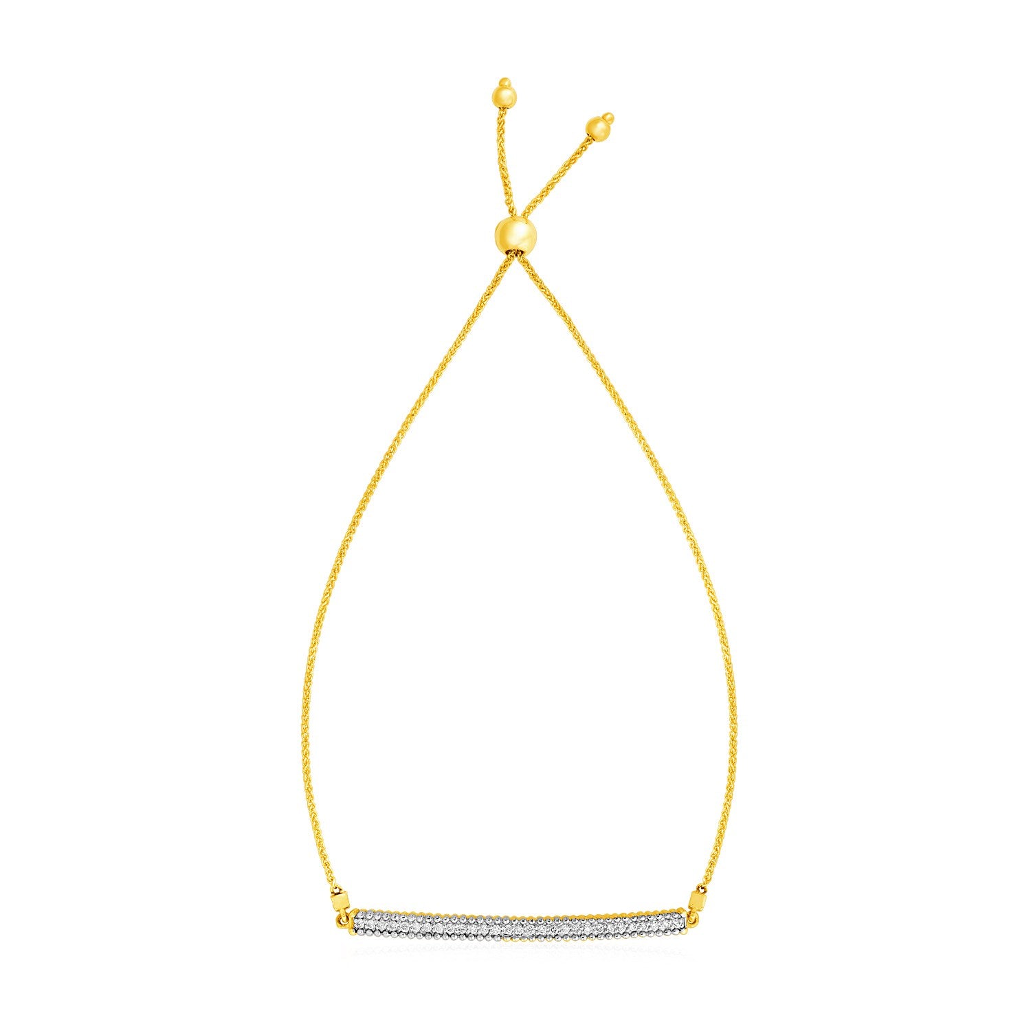 14k Yellow Gold Adjustable Bracelet with Textured Bar and Diamonds - 9.25" - Apparel & Accessories