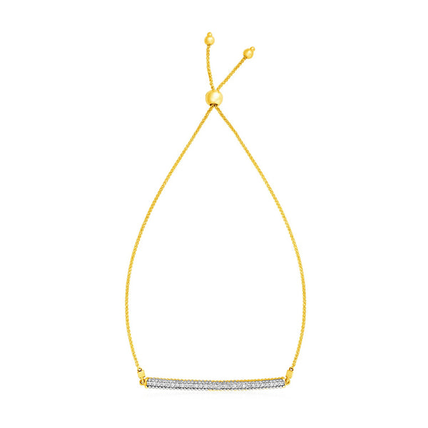 14k Yellow Gold Adjustable Bracelet with Textured Bar and Diamonds - 9.25" - Apparel & Accessories