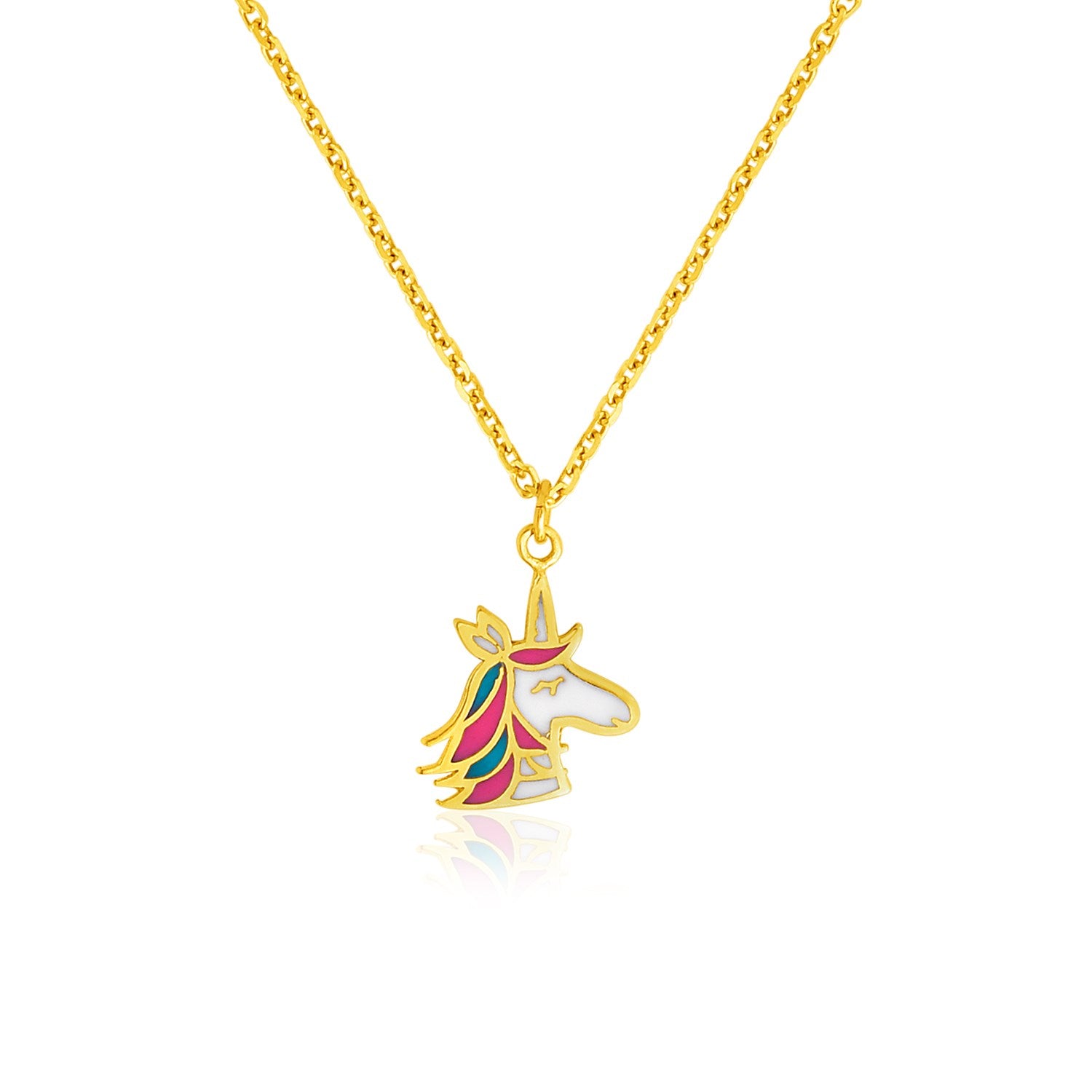 14k Yellow Gold Childrens Necklace with Enameled Unicorn Pendant - 14" - Apparel & Accessories
