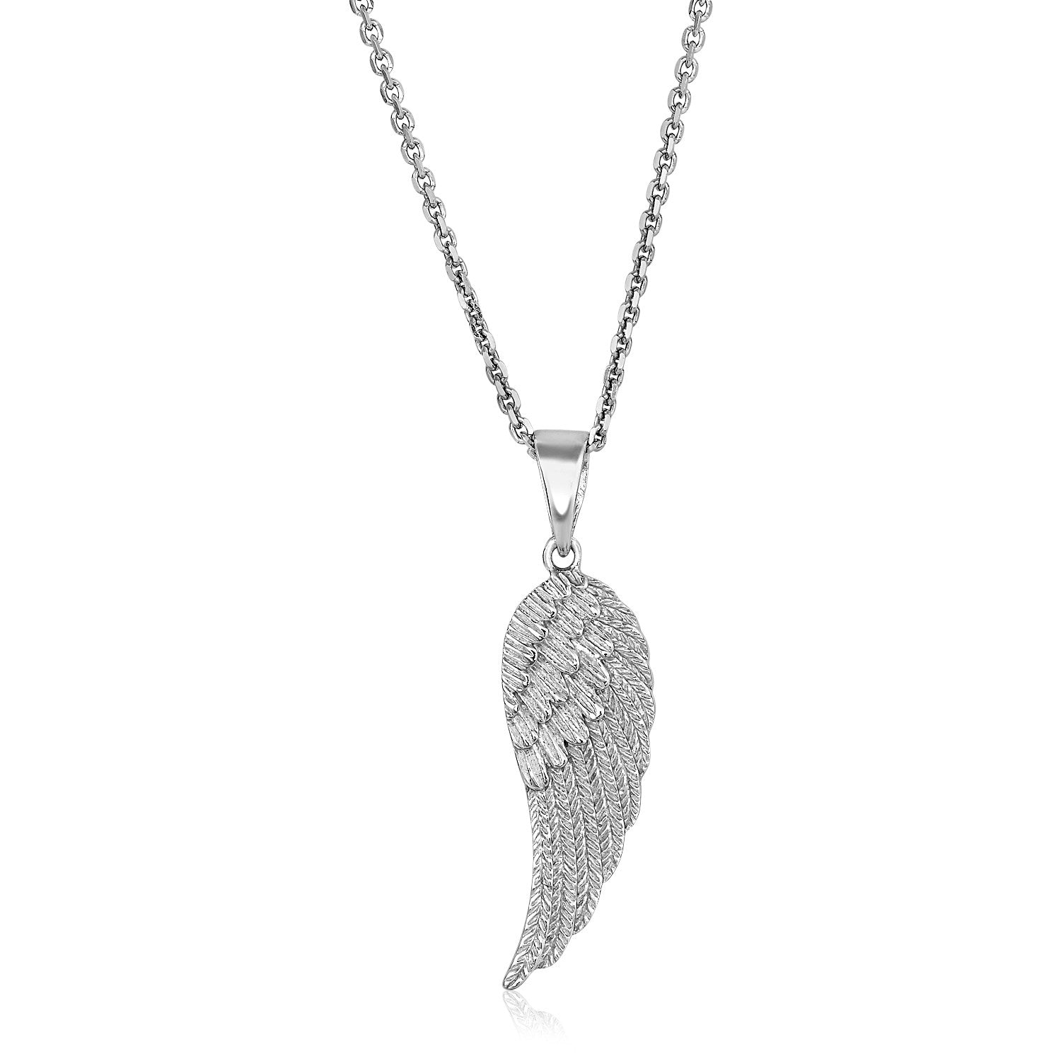Sterling Silver with Large Textured Angel Wing Pendant - 18 - Apparel & Accessories