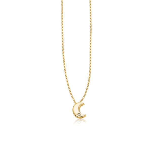 14k Yellow Gold Polished Moon Necklace with Diamond - 18" - Apparel & Accessories