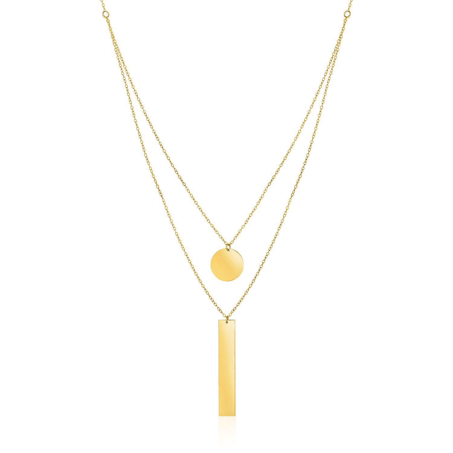 14k Yellow Gold 18 inch Two Strand Necklace with Circle and Bar Pendants - 18" - Apparel & Accessories