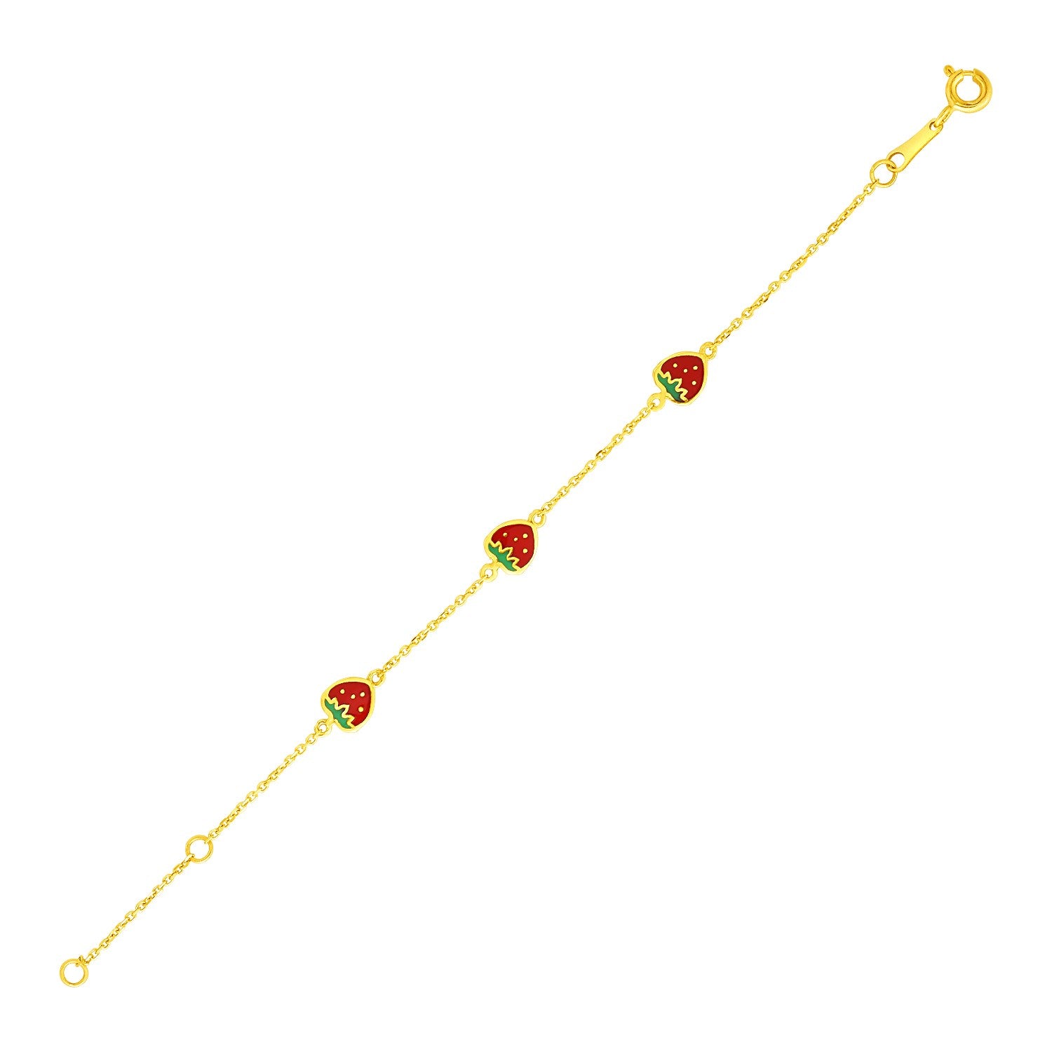 14k Yellow Gold 5 1/2 inch Childrens Bracelet with Enameled Strawberries - 5.5" - Apparel & Accessories