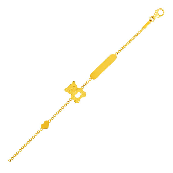 14k Yellow Gold Childrens Bracelet with Teddy Bear Heart and Bar - 6" - Apparel & Accessories