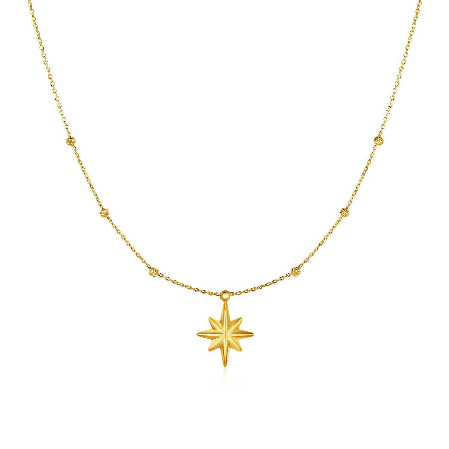 14k Yellow Gold Necklace with Eight Pointed Star and Beads 18"
