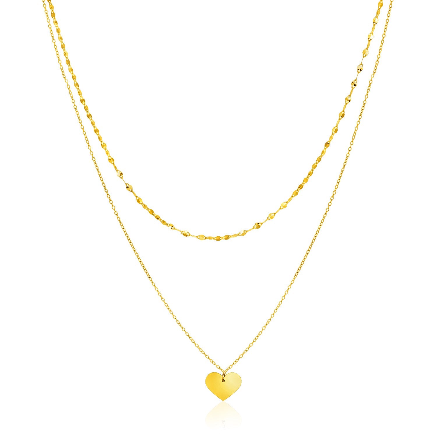 14k Yellow Gold 18 inch Two Strand Necklace with Heart Pendant - 18" - Apparel & Accessories