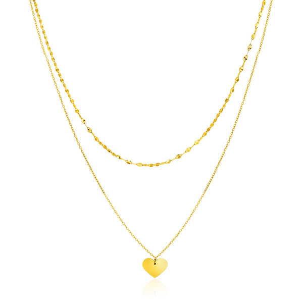 14k Yellow Gold 18 inch Two Strand Necklace with Heart Pendant - 18" - Apparel & Accessories