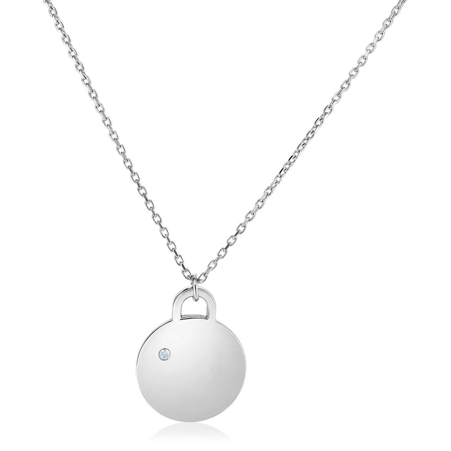 Sterling Silver 18 inch Necklace with Polished Disc with Diamond - 18" - Apparel & Accessories