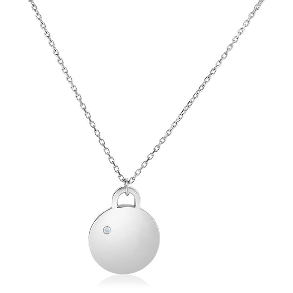 Sterling Silver 18 inch Necklace with Polished Disc with Diamond - 18" - Apparel & Accessories