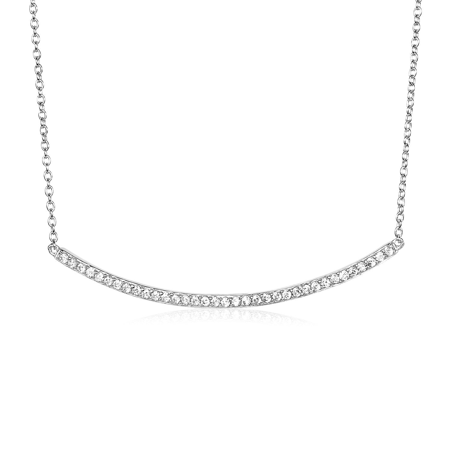 Sterling Silver Curved Bar Necklace with Cubic Zirconias 18"