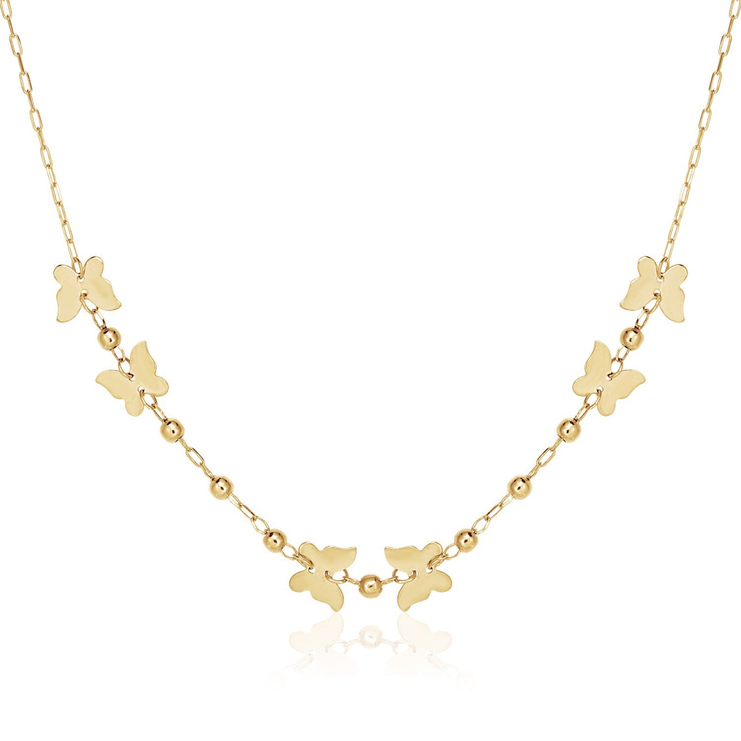 14k Yellow Gold 18 inch Necklace with Polished Butterflies and Beads - 18" - Apparel & Accessories