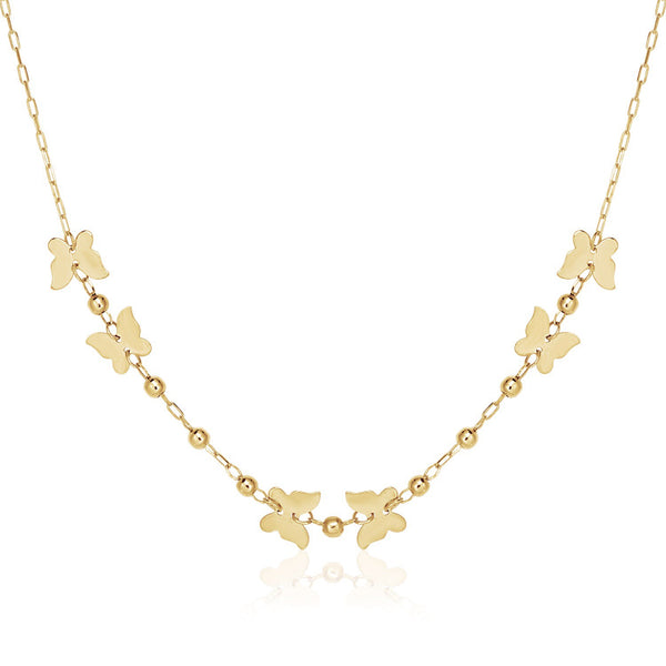 14k Yellow Gold 18 inch Necklace with Polished Butterflies and Beads - 18" - Apparel & Accessories