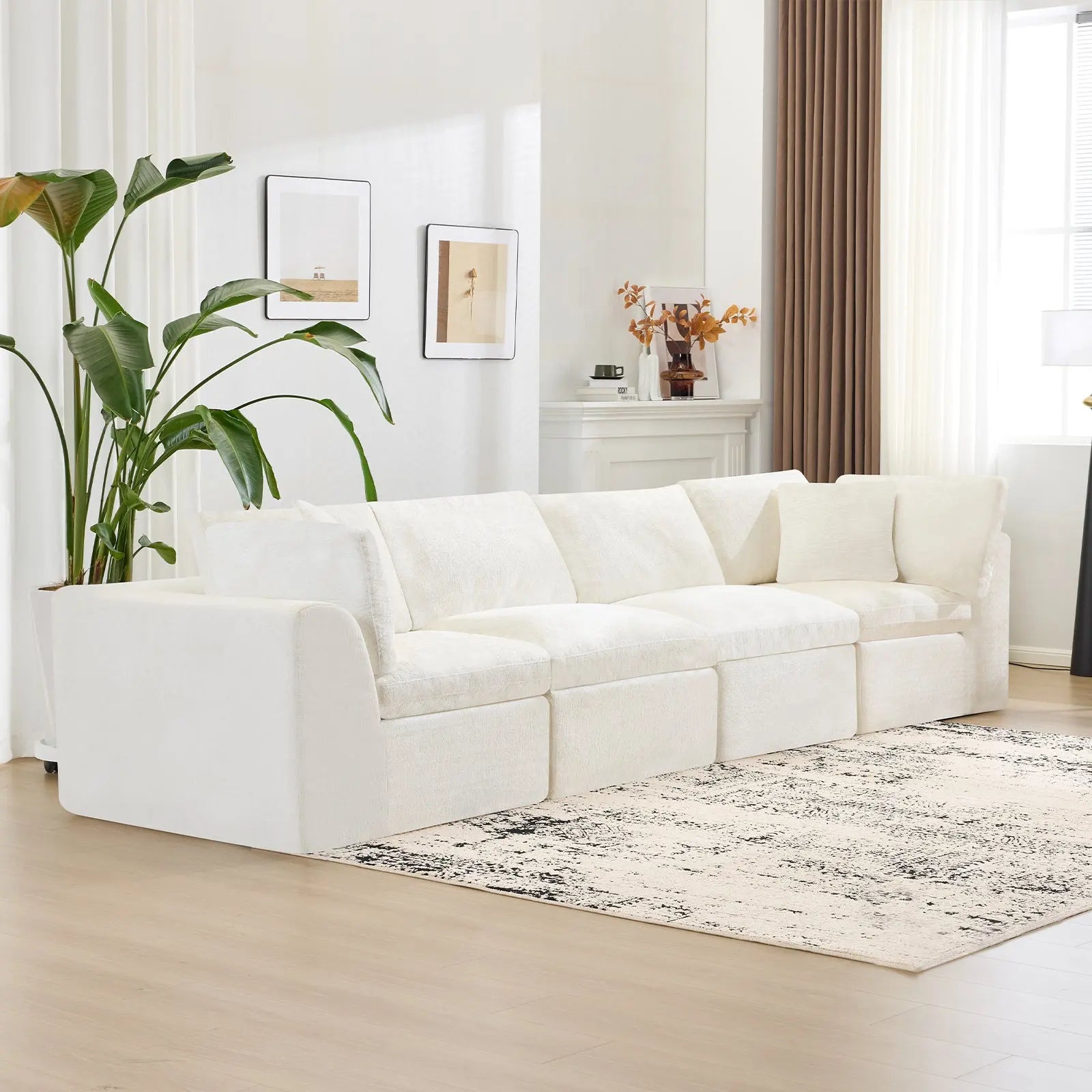 138" Beige Chenille Modular Sofa With Toss Pillows Homeroots Living Room
