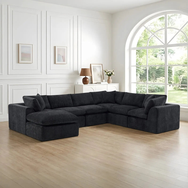 138" Black Chenille Modular Sofa Chaise With Ottoman And Toss Pillows Homeroots Living Room