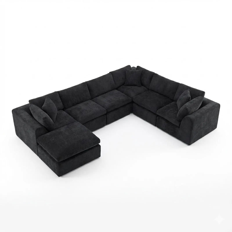 138" Black Chenille Modular Sofa Chaise With Ottoman And Toss Pillows Homeroots Living Room
