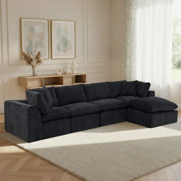 138" Black Chenille Modular Sofa With Ottoman And Toss Pillows Homeroots Living Room