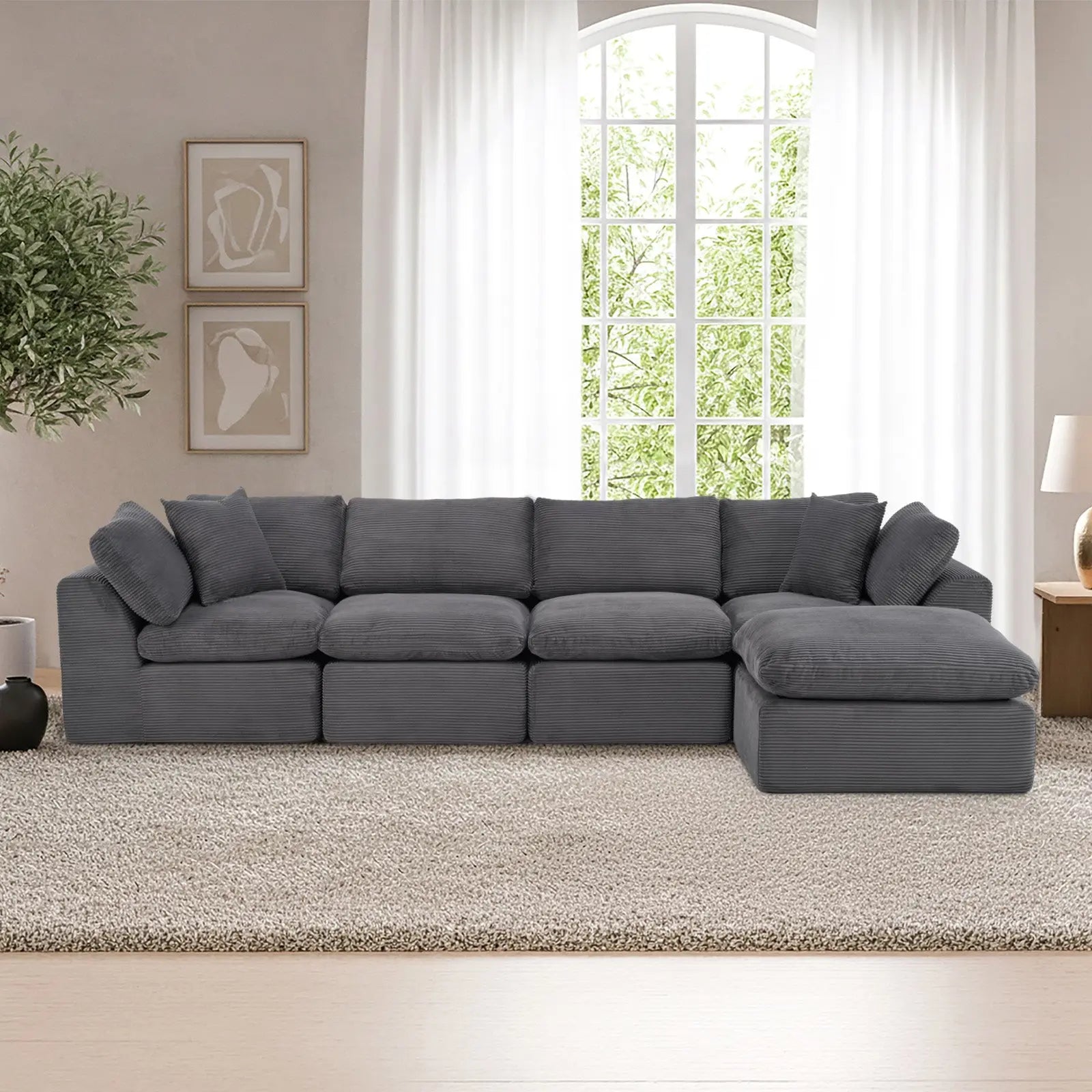 138" Dark Gray Corduroy Modular Sofa With Ottoman And Toss Pillows Homeroots Living Room