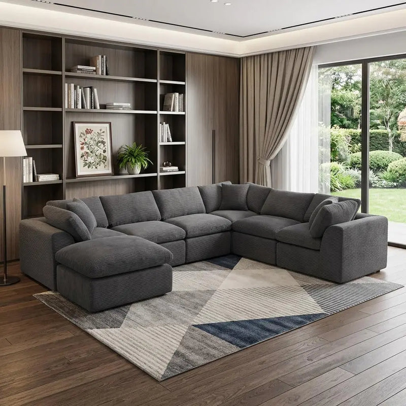138" Dark Gray Corduroy Modular Sofa With Ottoman And Toss Pillows Homeroots Living Room