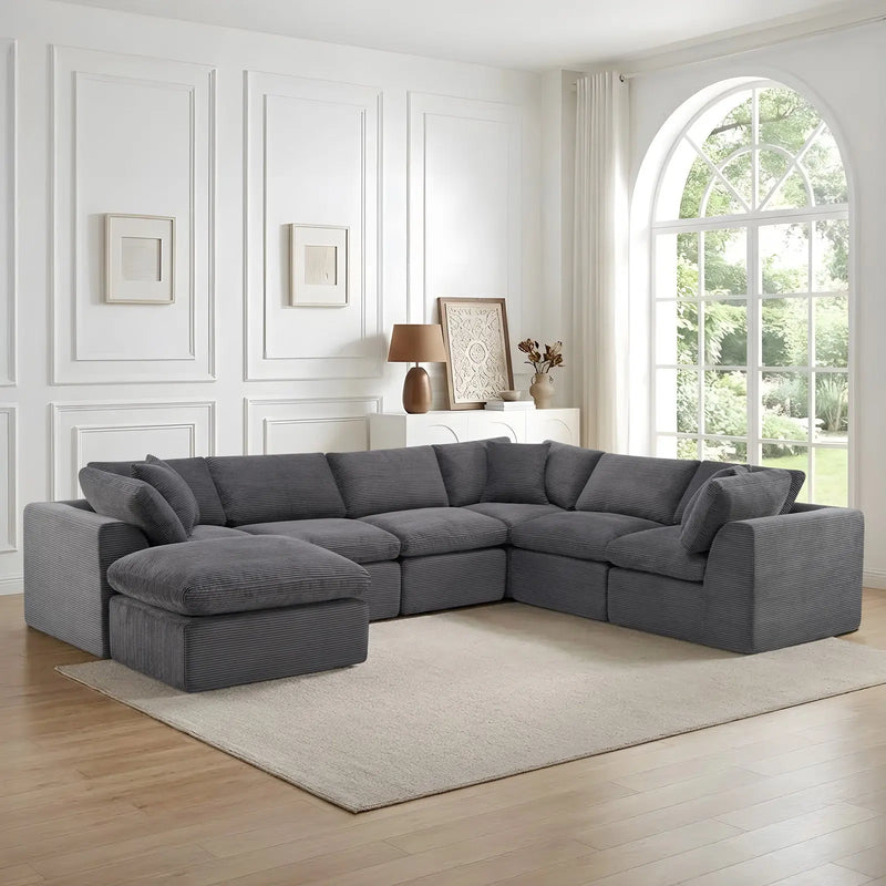 138" Dark Gray Corduroy Modular Sofa With Ottoman And Toss Pillows Homeroots Living Room