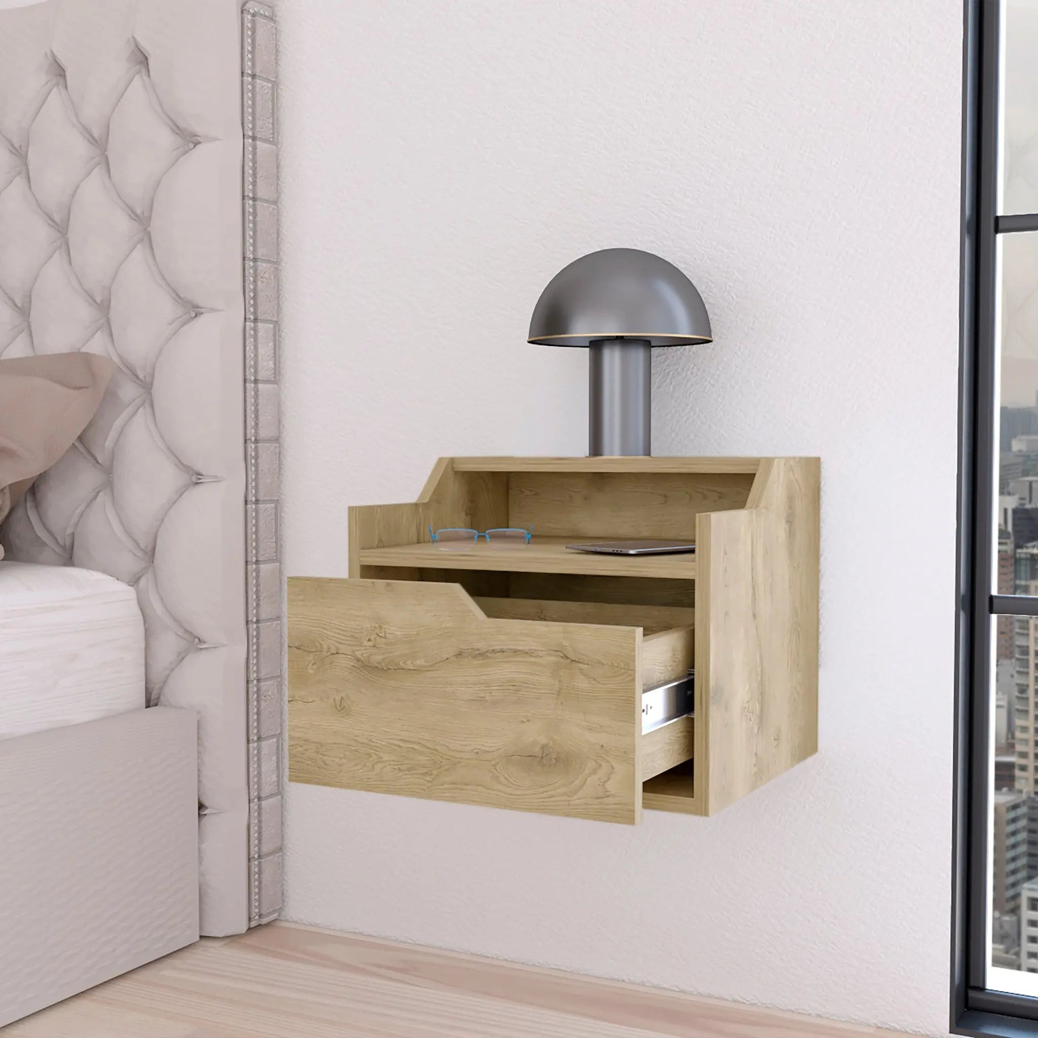 13" Beige Wood One Drawer Floating Nightstand Homeroots Bed & Bath