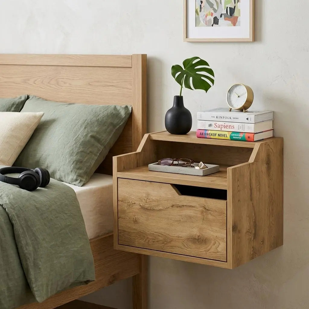 13" Beige Wood One Drawer Floating Nightstand Homeroots Bed & Bath