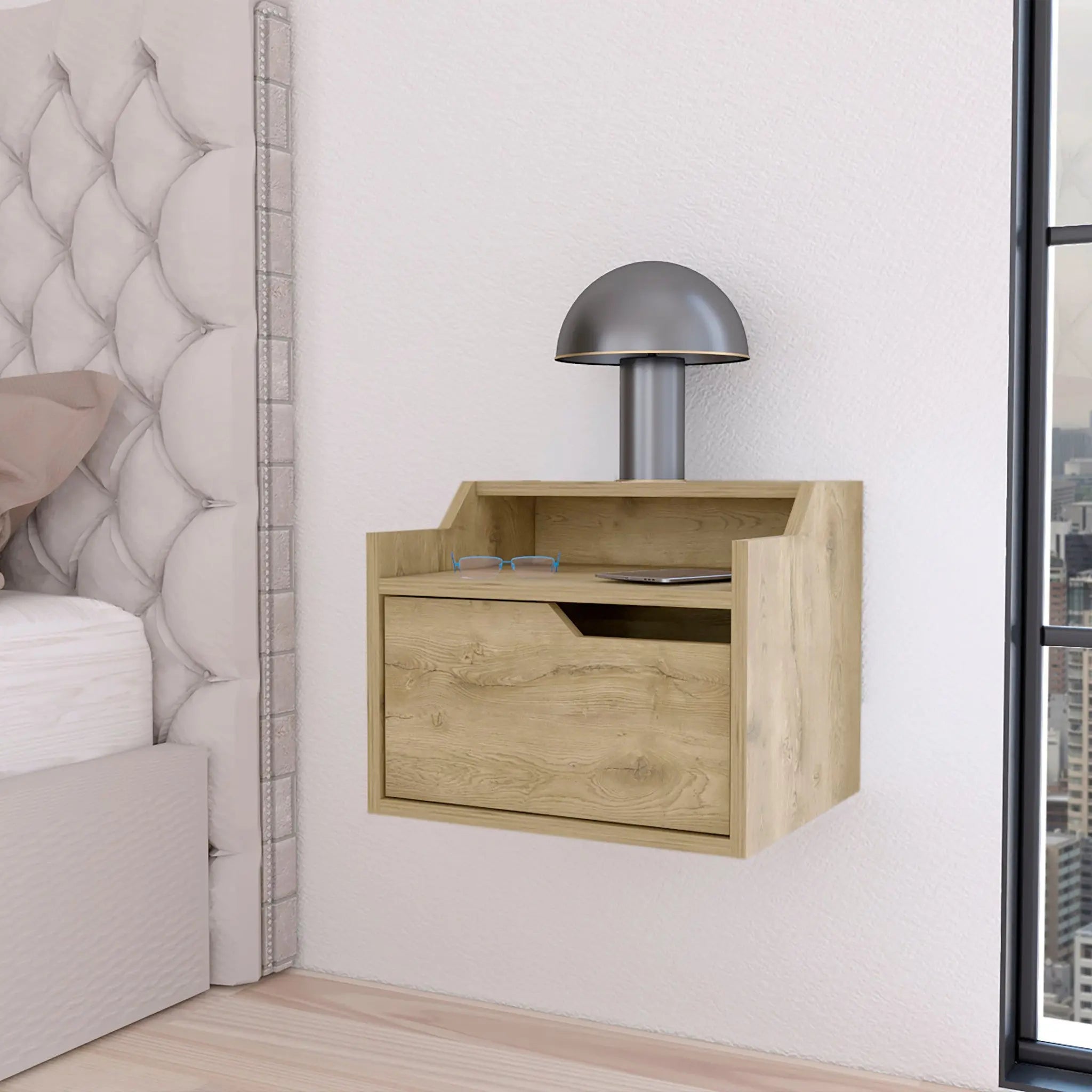 13" Beige Wood One Drawer Floating Nightstand Homeroots Bed & Bath