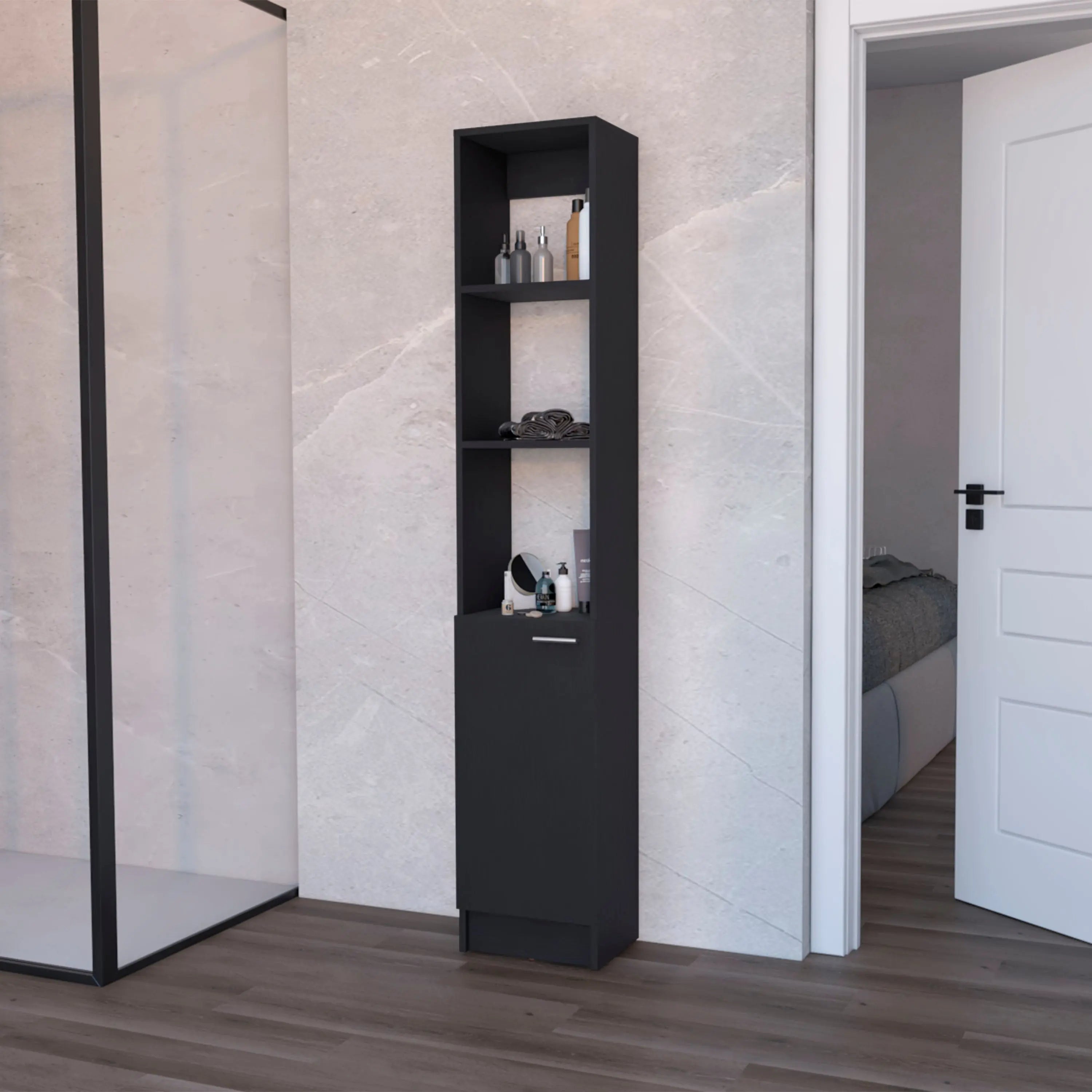 13" Black Wood Single Door Linen Cabinet Homeroots Organization