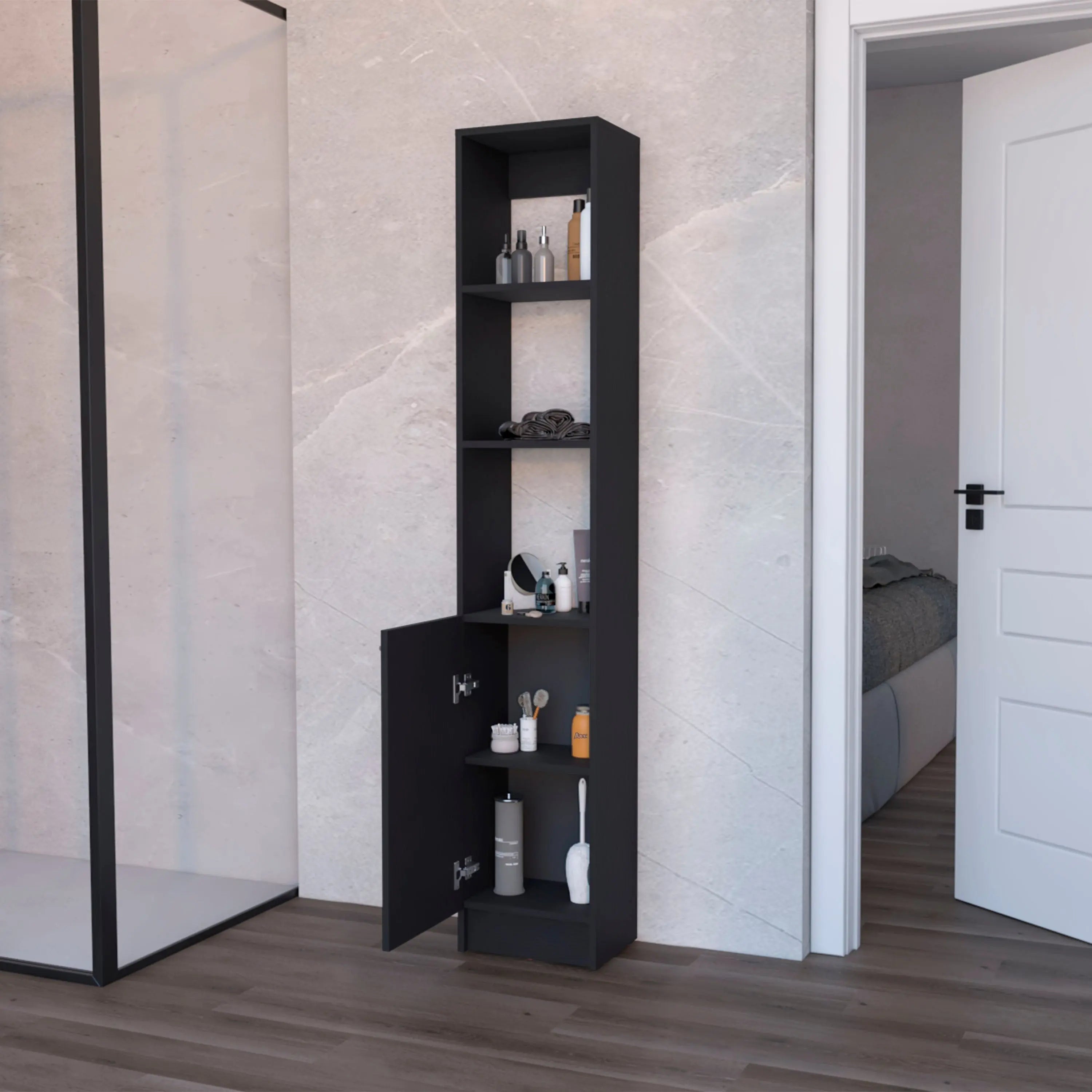 13" Black Wood Single Door Linen Cabinet Homeroots Organization