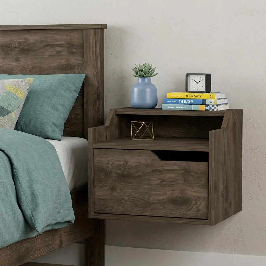 13" Brown Wood One Drawer Floating Nightstand Homeroots Bed & Bath