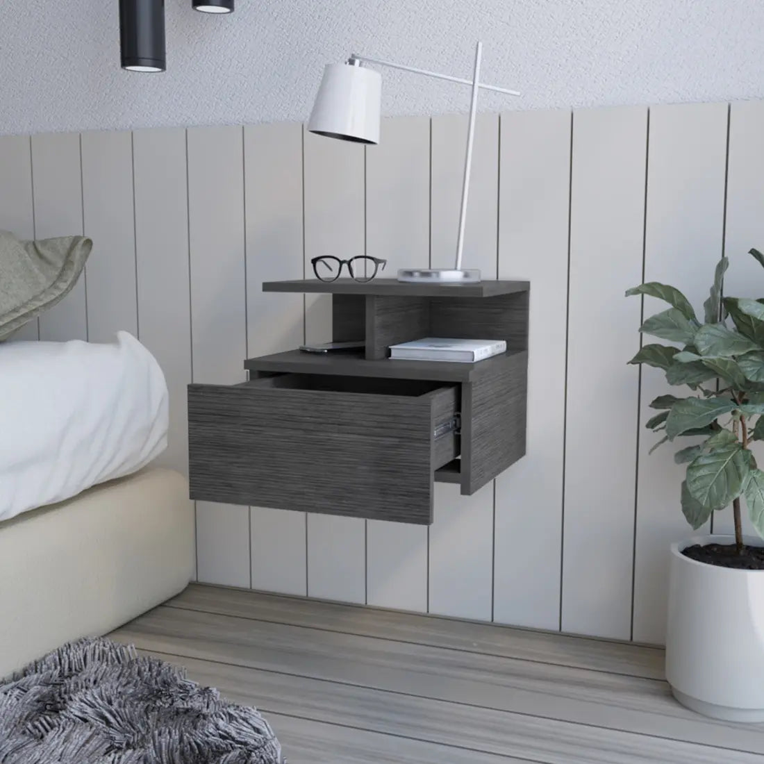 13" Dark Gray Wood One Drawer Floating Nightstand Homeroots Bed & Bath